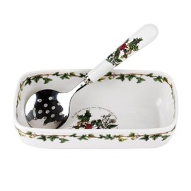 Portmeirion Home & Gifts Cranberry Dish & Slotted Spoon, Ceramic, Multi-Colour, 11.4 x 20.5 x 5.5 cm