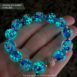 ARTSY Crafts Glow in The Dark Firefly Beads Bracelets, Ocean Blue Luminous Murano Glass Beads Jewelry Mermaid Crystals Healing Inspirational Bracelet Bangle (Sapphire, Wrist 6-7 in)