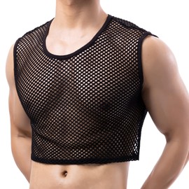Mens Fishnet Crop Top Shirt Mesh Vest See Through Sleeveless Undershirts Nightwear Tank Shirt