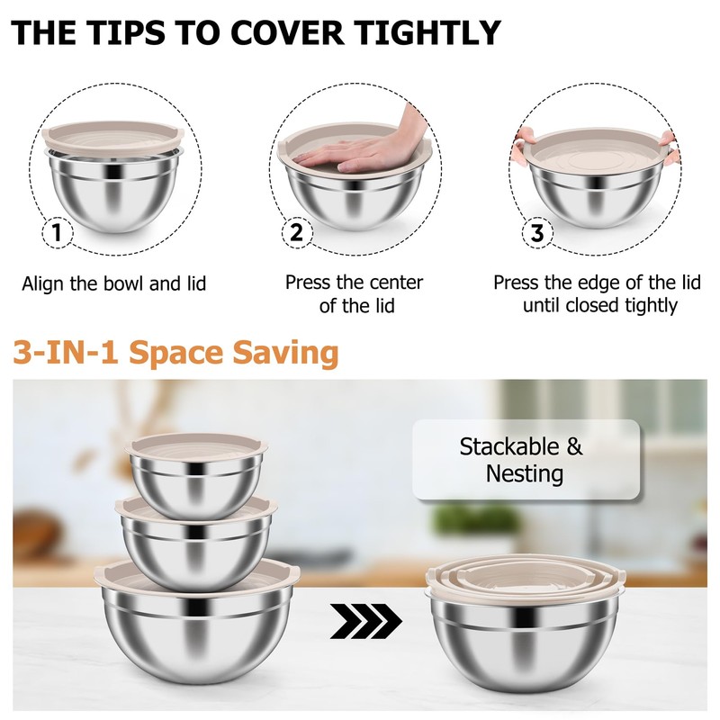 TeamFar Mixing Bowls, Stainless Steel Nesting Salad Bowls with Airtight