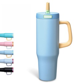 Winscj 40 oz Tumbler with Handle and Straw,100% Leakproof Insulated Tumbler with Lid and Straw,Stainless Steel Water Bottle,for Home Office Travelling,Fits in Cup Holder(Light Blue Grey)
