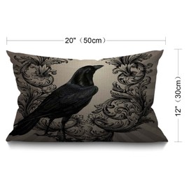 BGBDEIA Crow Cushion Cover Vintage Crow Black Flower Waist Lumbar Cotton Linen Throw Pillow Case Oblong Rectangle Pillowcase for Men Women Home Decorative Sofa Bedroom Livingroom 12x20 inch 30x50 cm