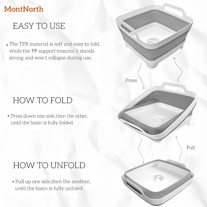 MontNorth Collapsible Wash Basin 9L, Foldable Dish Tub with Drain