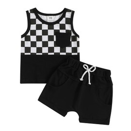 Toddler Baby Boy Summer Outfit Sleeveless T Shirt Top Casual Shorts Set Infant Newborn Clothes 6 12 18 24 Month 2T (Checkerboard Black, 2-3T)