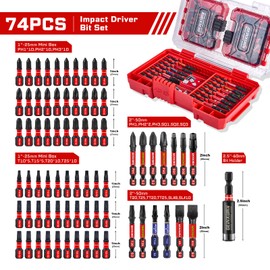 Geinxurn 74Pieces Impact Screwdriver Bits Set, Magnetic S2 Steel Phillips/Slotted/Square/Torx Insert Power Bits Tips, Impact Bit Holder with Red Storage Box Case