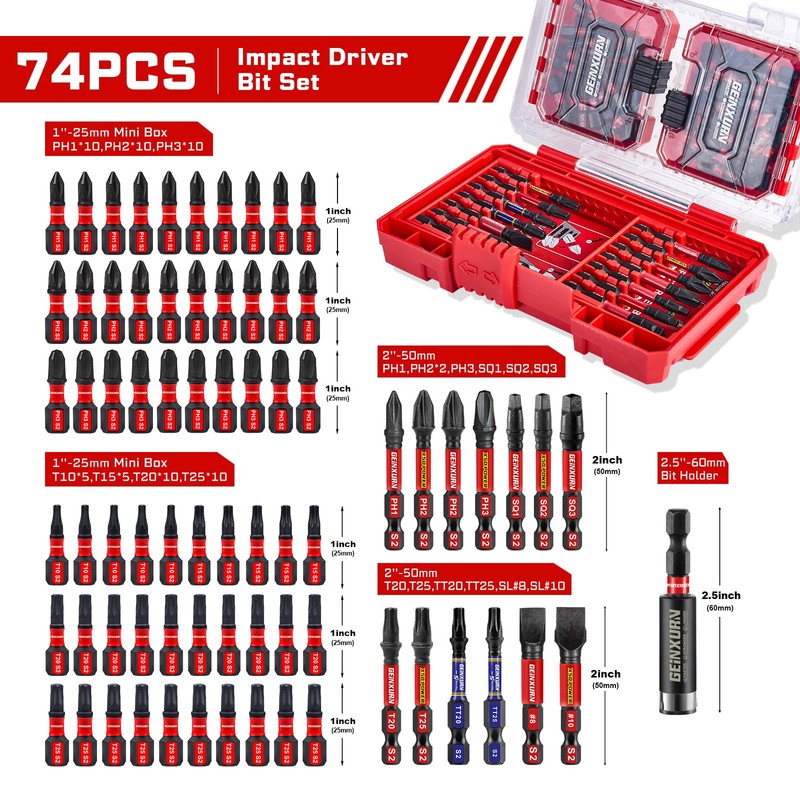 Geinxurn 74Pieces Impact Screwdriver Bits Set, Magnetic S2 Steel Phillips/Slotted/Square/Torx