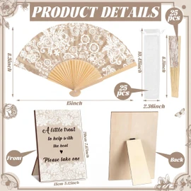 Leinuosen 51 Pcs Wedding Favors for Guests Bulk 25 Wedding Foldable Hand Fans Vintage Lace Handheld Paper Fans with 25 Organza Bags and a Table Sign Decor for Bridal Shower Favor Appreciation