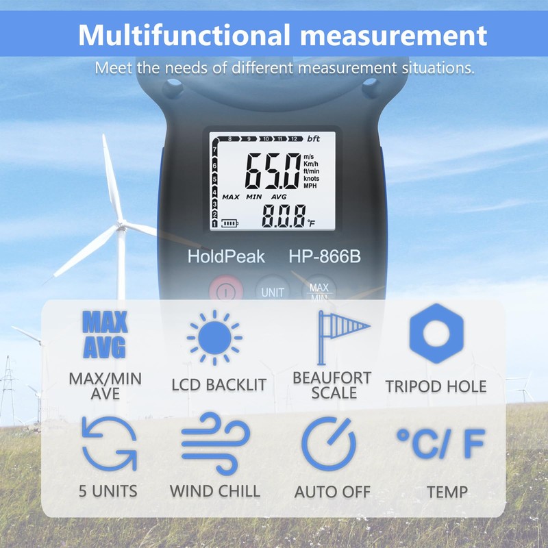 HoldPeak 866B Handheld Anemometer with Tripod, Digital Wind Speed Gauge
