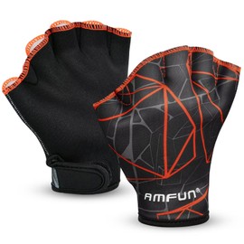 AMFUN Aquatic Gloves, Webbed Swimming Gloves, Water Training Paddle with Adjustable Wrist Strap, Adult Aquatic Fitnesster Water Resistance Training Accerssories for Diving Surfing Hand Men Women (M)