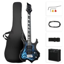 Ktaxon Burning Fire Design Electric Guitar Kit, 39-inch HSH Pickup Electric Guitar Beginner Guitar Set with Amplifier, Rosewood Fingerboard, 5-Ways Pickup Switch:_Azure lightning