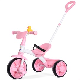 KRIDDO 2 in 1 Kids Tricycles Age 18 Month to 3 Years, EVA Wheels, Gift Toddler Tricycle, Trikes for Toddlers 2 to 3 Year Old with Push Handle, Duck Bell, Pink