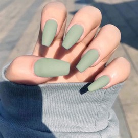 TseenYi Coffin Long Press On Nails Matte Green Fake Nails Party Wedding Clip On Nails Square Acrylic Nails Full Cover False Nails for Women and Girls 24 Pieces (Green)