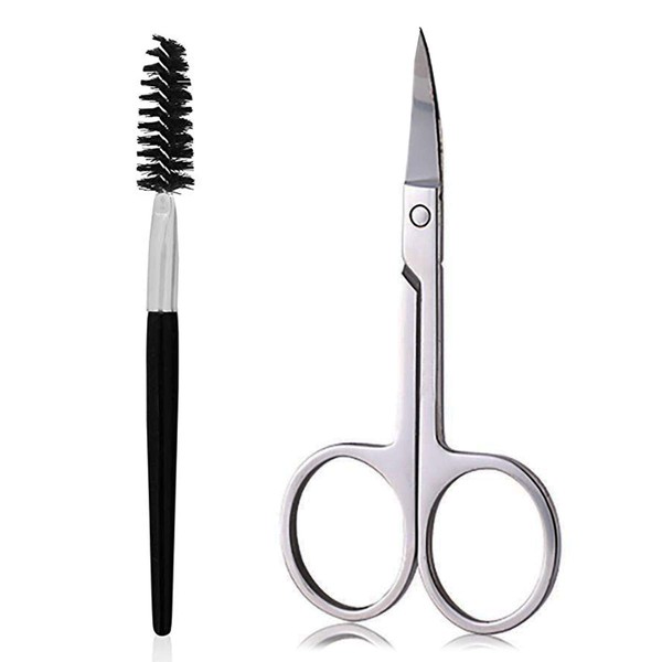 Eyebrow Scissors and Eyebrow Brush by AUMELO - Eyelash Extensions Shaping Curved Craft Stainless Steel Scissors for Your Beauty