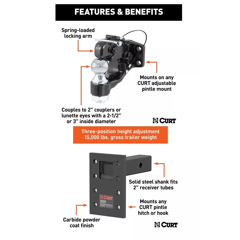 CURT 15K Pintle Hitch 2" Trailer Ball Combo w/ Adjustable