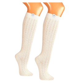 Premium Merino Damen und Herren Trachtenstrümpfe Kniestrümpfe Wanderstrümpfe Wandersocken mit edlem Strickmuster Merinowolle cremeweiß – handgekettelte Spitze - Landhaus Wandern Dirndl Lederhosen