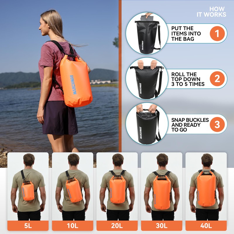 MARCHWAY Floating Waterproof Dry Bag Backpack 5L/10L/20L/30L/40L, Roll Top Sack