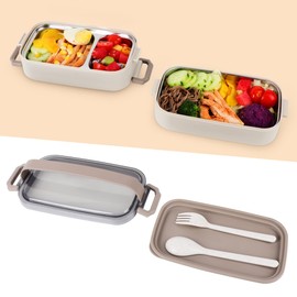 JUBOSYCZ Stainless Steel Bento Box for Adults&Kids,Japanese Leakproof Lunch Box Divided Food Meal Storage Containers Set Stackable 2 Layer for Children School Picnic Beige