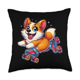 Funny Dog Retro Skate Cute Corgi Roller Skating Throw Pillow