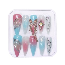 CAMILCY Press on Nails Handmade Nails Luxury Reusable Fake Nails For Girls long Almond Armor Tip Pink Blue Diamonds Hand Painted Salon Loveful Design Acrylic GelUV Finished For Women 3D Nails 10PCS S