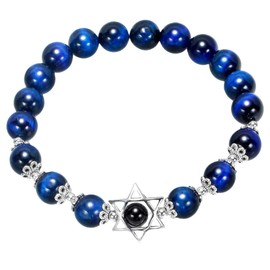 KYEYGWO Six Pointed Star Crystal Stone Bracelet for Unisex, 8 mm Beads Bracelet Healing Reiki Meditation Stretch Bracelet, 16 cm, Blue Tiger's Eye, stone