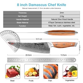 XT XITUO Damascus Steel 8-Inch Chef Knife with Olive Wood Handle - Sharp Precision Kitchen Knife for Professional & Home Chefs (Chef Knife)