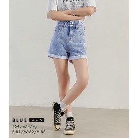 Teddy Women's Denim Shorts, High Waist, Roll-Up, Street, Medium Thick, Spring, Summer, Autumn Pants567, blue, XS