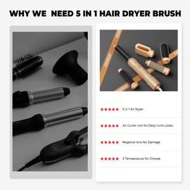 5 in 1 Blow Dryer Brush, Hair Dryer Brush Set Upgrade Air Styler Hot Air Brush Curling Wrap Air Curler, Negative Ion Curling Iron Hair Styling Tools, for Drying, Straight, Curl, Volumizing, Smoothing