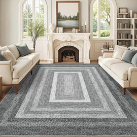 GarveeHome Washable Area Rugs 5x7 Braided Pattern Printed (Non-woven) Throw Rug with Non-Slip Backing, Modern Bordered Accent Carpet, Foldable Low Pile Floor Cover for Bedroom, Living Room, Light Grey