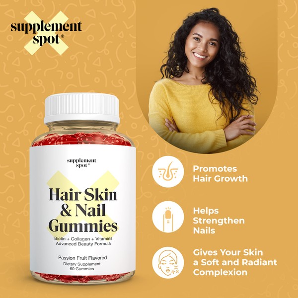 Supplement Spot Hair Skin and Nails Vitamins, 6000 mcg Biotin Gummies w/Collagen & Vitamins, Passion Fruit Flavored Hair Vitamins, Gluten Free Collagen Supplements (60 Count)
