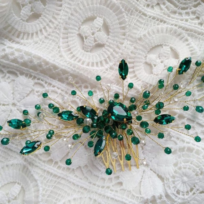 Teyglen Bridal Wedding Gold Silver Dainty Hair Combs Green Rhinestones
