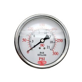 4" Oil Filled Pressure Gauge - Stainless Steel Case, Brass, 1/4" NPT, Center Back Mount, 0-300PSI