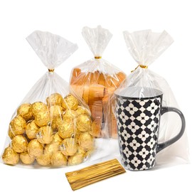 QOIUSO 100pcs Clear Gift Bags 10X14 Cellophane Treat Bags with Ties Plastic Goodie Bags Clear Cellophane Bags for Packaging Popcorn Party Favor Cookie Candy Bakery and Gift Wrapping
