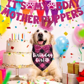 JOTFA Dog Birthday Decorations, Multi Sizes Dog Birthday Bandana Girl Dog Birthday Hat Crown Bow Tie Birthday Numbers It’s My Bday Mother Puppers Sign Banner for Large Extra Large Dogs (Pink, X-Large)