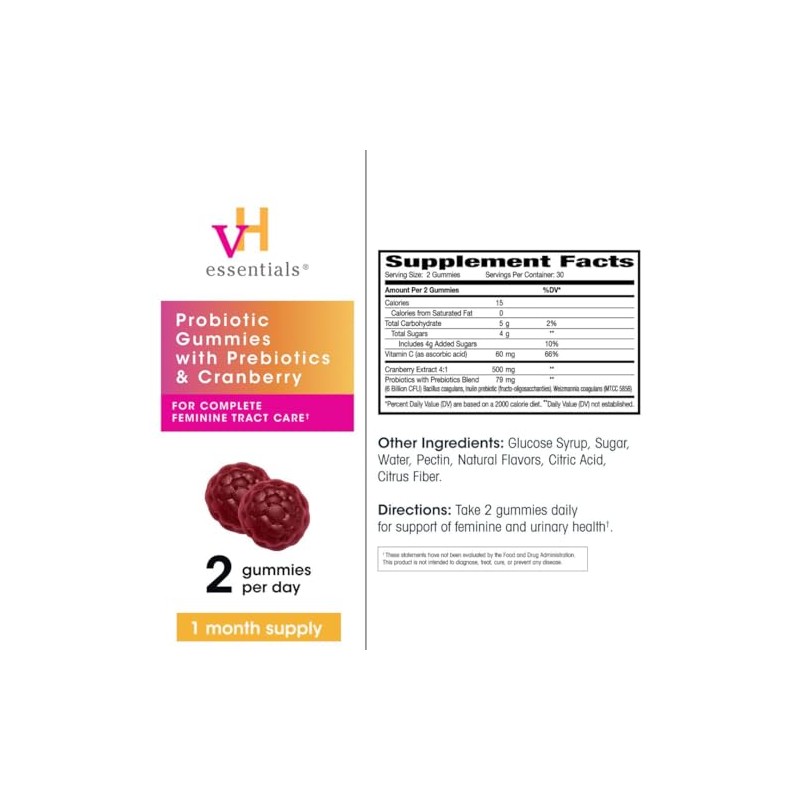 vH essentials Probiotic Gummies with Prebiotics & Cranberry, 60 Gummies