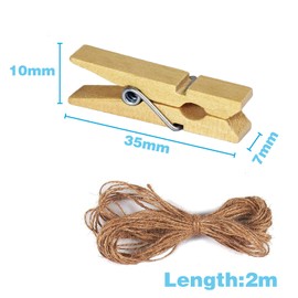 Mini Clothespins, 50pcs Wooden Photo Clips Small Clothes Pins, Wooden Clothes Pins with 200cm Jute Twine for Crafts Hanging Photos, 35*7 mm
