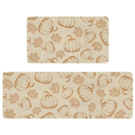 Fall Kitchen Rugs Set of 2,Orange Pumpkin Maple Leaves Autumn Thanksgiving Farmhouse Floor Mats and Rugs Non Skid Washable for Kitchen Home Decor (17"x47"+17"x30")
