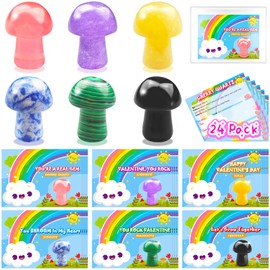 Anpow Valentines Day Gem Gifts for Kids: 24 Pack Prefilled Valentines Cards Goodie Bags with Mushroom-shaped Stones for School Classroom Party Favor Valentine Rock Crystal Gift Exchange for Boys Girls