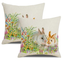 Aitukang Spring Easter Pillow Covers 20x20 Set of 2,Watercolor Rabbits in Green Grass Throw Pillow Case Home Decorations Cushion Cover for Couch Sofa Bed Farmhouse Indoor Outdoor Easter Decorative
