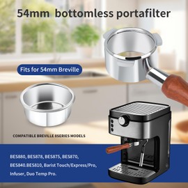 Aeglemana 54mm Bottomless Portafilter - 3-Ear Stainless Steel - For Breville Barista Express (BES870, 878, 875, 840, Duo-Temp Pro) - Solid Wood Handle