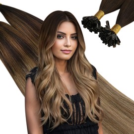 Ugeat U Tip Hair Extensions Human Hair Ombre Brown Ktip Human Hair Extensions Dark Brown Mix Medium Brown with Golden Blonde Keratin Bond Hair Extensions 20in Straight Hair for Women 50S 50G