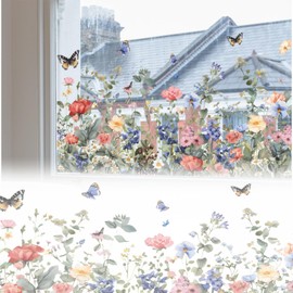 Colorful Floral Bouquet Window Sticker，Wildflower Grass Window Wall Decals，Lily Peony Poppy Floral Window Stickers，Reusable, Removable, Double-Sided, for Home Office Deco (Color B)