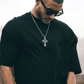 HZMAN Love Heart Cross Necklace for Men Women Stainless Steel Retro Hollow Intertwined Hearts Love Cross Pendant Necklace Jewelry Gift (Silver)