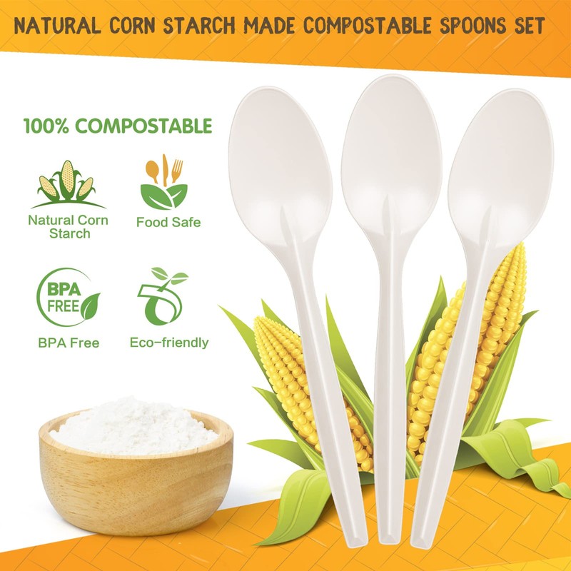Compostable Spoons 50 Pack 7 Inch Disposable Spoons Biodegradable Cutlery