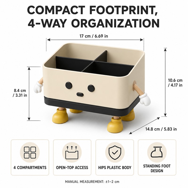 Beige Desktop Storage Organizer Box, HIPS Plastic Open-Top Compartment Desk
