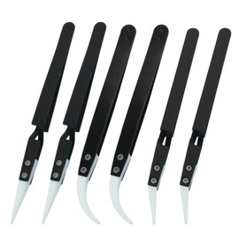 BokWin 6pcs Precision Reverse Ceramic Tweezers, Black Pointed & Curved Tips Tweezers Set Non-Conductive Reverse Tweezers for Solder, Pinching Coils