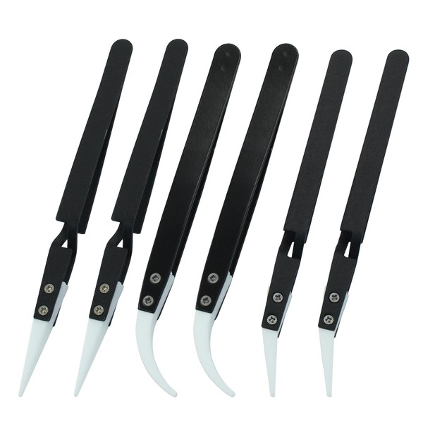 BokWin 6pcs Precision Reverse Ceramic Tweezers, Black Pointed & Curved