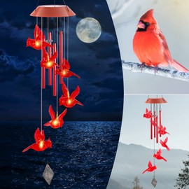 Carillones de viento de pájaro cardenal, carillones de viento solares de pájaro rojo para decoración de exterior/jardín/patio, regalos para novia/hija, cumpleaños, regalos para el día de la madre, el mejor regalo para mujeres