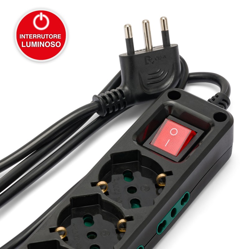 9-way power strip: 3 Schuko sockets + 6 two-value sockets