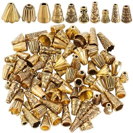 SOFPLATE 100Pcs 10 Styles Gold Cone, Flower Bead Caps Tibetan Style Alloy Antique Golden Beading Tassel End Caps for DIY Jewellery Making Findings Supplies Earrings Accessories Crafting