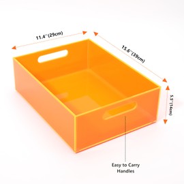 Large Acrylic Storage Bin Pantry Storage Container for Organizing with Handles Kitchen Organizer Bin for Organization of Fridge Cabinet Cupboard, Heavy Duty, 15.4 x 11.4 x 5.5 Inch, Neon Orange